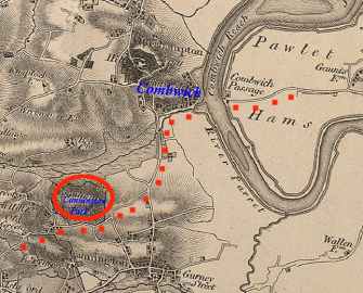 Map showing the inlet where the harbour at Combwich would have been, the locations of the ford and Cannington Park. The red squares show the possible route of the herapath